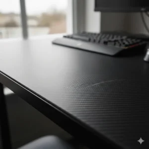 Close-up of a scratch-resistant carbon fibre effect desktop on a budget gaming desk.