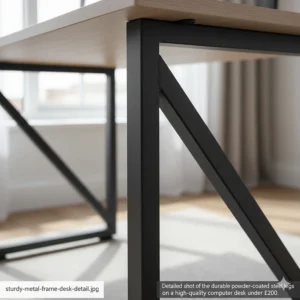 Detailed shot of the durable powder-coated steel legs on a high-quality computer desk under £200.
