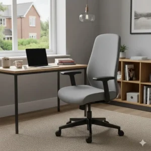 A stylish grey fabric office chair under £100 showing a modern aesthetic for a bedroom workspace.