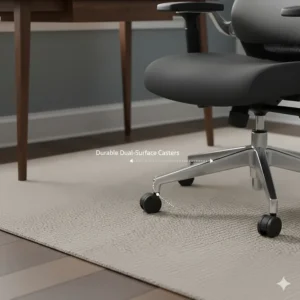 Close-up of durable dual-surface hooded casters on a five-star chair base, designed for smooth movement on both carpeted and hard floors in British homes.