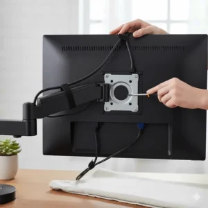 Detail of a universal VESA mount bracket on the back of a dual monitor arm showing easy installation.