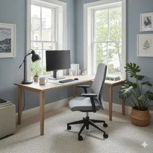 A cosy work-from-home setup featuring a corner desk, ergonomic chair, and desk lamp.