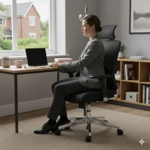 A complete UK work-from-home setup featuring a high-back ergonomic chair priced under £100.