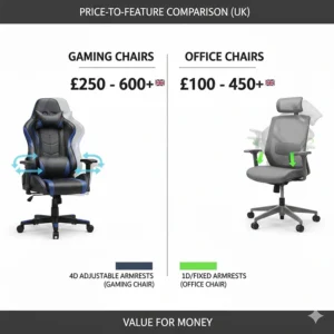 Demonstration of adjustable 4D armrests on a gaming chair vs fixed or 1D office chair arms.