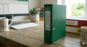 Side profile of a green 70mm spine lever arch file, highlighting its high-capacity storage depth for large volumes of office paperwork.
