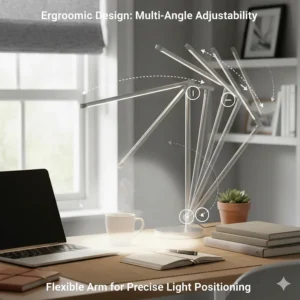 A diagram showing the multi-angle adjustability of an ergonomic LED desk lamp for precise light positioning on a study desk.