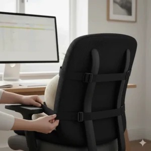 Diagram of adjustable dual straps securing a lumbar support cushion to a standard UK office swivel chair.