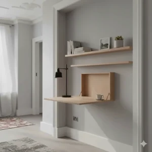 A compact wall-mounted folding desk neatly installed within a traditional Victorian terrace house alcove.
