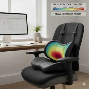 A heat map illustration showing how a lumbar cushion redistributes pressure away from the lower vertebrae.