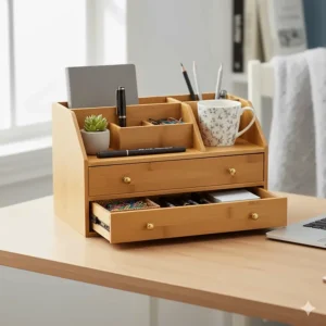 Close-up of smooth-sliding drawers in a sustainable bamboo desk organiser, showing storage for stationery and small office supplies.