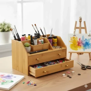 A versatile bamboo desk organiser with drawers used to store haberdashery and art supplies on a crafting table.