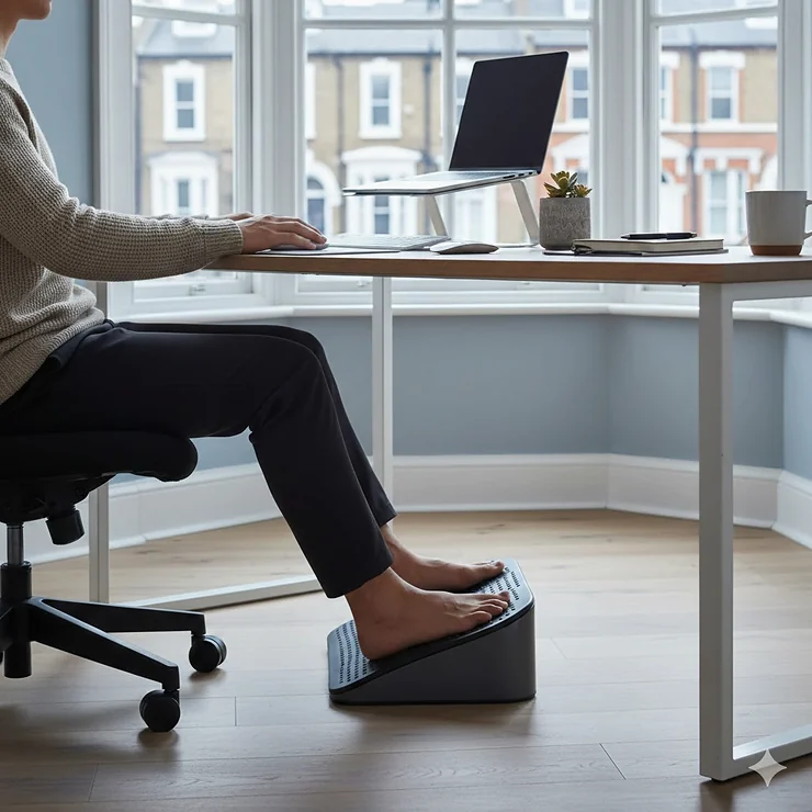 A person using a cordless vacuum for hardwood floors and carpet in a modern British living room with a Union Jack cushion. ergonomic footrest under desk