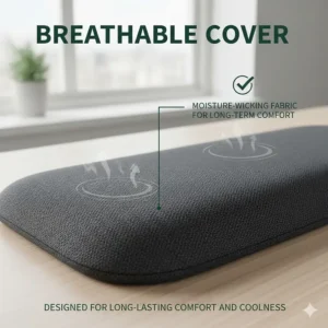 A macro photograph of the breathable, moisture-wicking fabric cover designed to keep wrists cool and comfortable during long periods of office work.