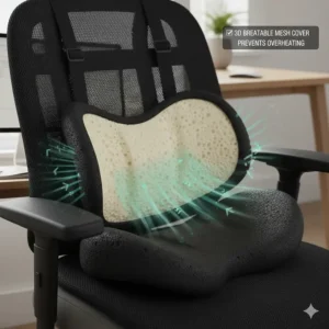 Illustration highlighting the 3D breathable mesh cover that allows airflow and prevents overheating while sitting.