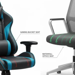 Close-up of a gaming bucket seat compared to an office chair’s waterfall edge for better circulation.