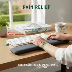 An informative graphic illustrating how a memory foam wrist rest provides orthopaedic support to help prevent RSI and carpal tunnel syndrome symptoms.