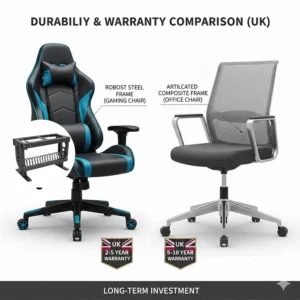 Graphic illustrating the build quality and typical UK warranty periods for both chair types.