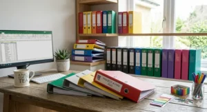A vibrant assortment of multi-coloured lever arch files arranged on an office desk, illustrating a systematic colour-coding stationery setup.
