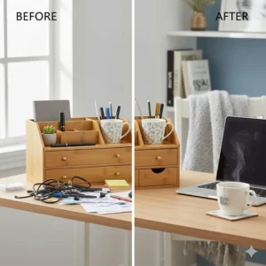 Side-by-side comparison of a messy workspace versus a decluttered desk using a bamboo organiser with drawers.
