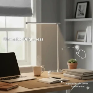 Close-up of an LED desk lamp with a touch-sensitive base, highlighting dimmable brightness and adjustable light levels.