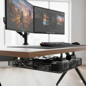 Under desk tray managing multiple monitor cables, HDMI leads, and power adapters for a high-end gaming or work setup.