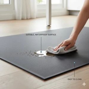 Illustration of a waterproof, easy-clean surface suitable for busy British offices and kitchen workspaces.