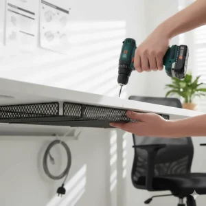 Close-up of a screw-fix under desk cable tray being attached to the underside of a white office desk.