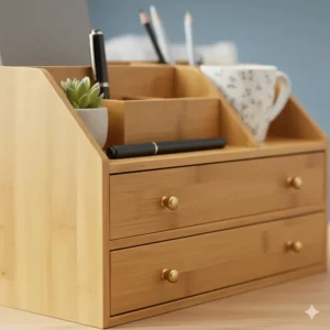 Natural grain detail of a durable, eco-friendly bamboo desk organiser, highlighting its sustainable material for UK shoppers.