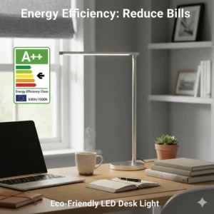 An eco-friendly LED desk lamp shown alongside a UK energy efficiency rating label to highlight reduced electricity bills.
