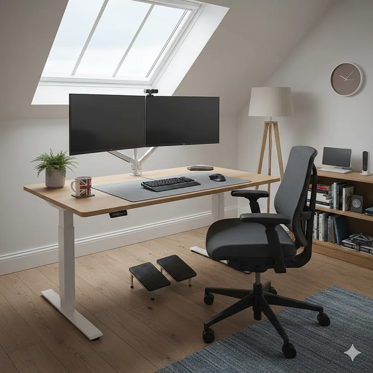 A complete ergonomic home office setup in a British loft conversion, featuring a height-adjustable desk, ergonomic chair, and dual monitor arms near a window. ergonomic home office setup