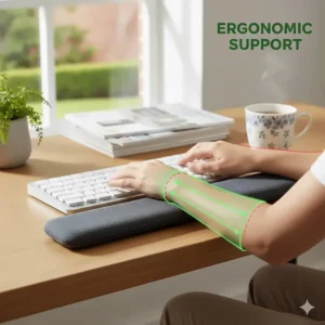 An ergonomic illustration showing a person typing with their wrists correctly aligned and supported by a charcoal grey memory foam rest to reduce strain.
