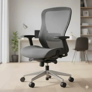 An ergonomic office chair with adjustable armrests and lumbar support to improve posture while working from home.