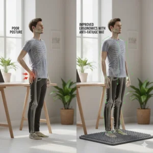 Illustration showing improved spinal alignment and posture when using an anti-fatigue standing desk mat.