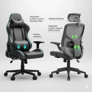 Diagram showing lumbar support and headrest differences between gaming and office chairs.