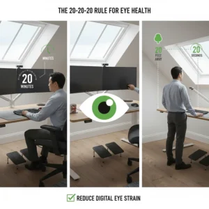 Visual guide for the 20-20-20 rule to reduce digital eye strain, suggesting a break every 20 minutes to look at something 20 feet away.