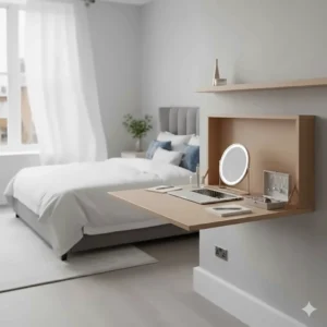 A versatile wall-mounted folding desk used as a space-saving dressing table and workspace in a contemporary British bedroom.