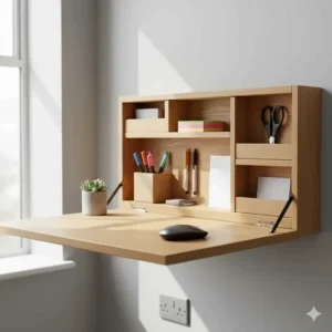Close-up of a wall-mounted folding desk featuring integrated shelving and organisers for stationery and office supplies.