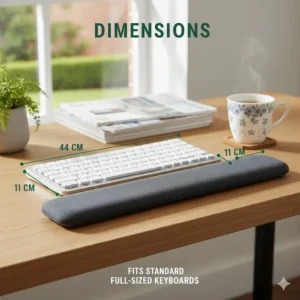 A technical drawing showing the dimensions of the wrist rest, measuring 44cm in length to perfectly fit a standard UK full-sized keyboard.
