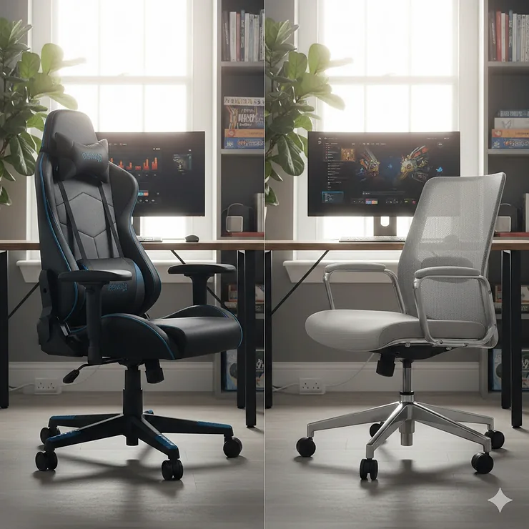 A side-by-side comparison of a racing-style gaming chair and an ergonomic mesh office chair in a bright UK home office. gaming chair vs office chair comparison