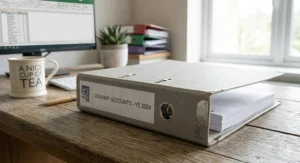 Close-up of a heavy-duty grey cardboard lever arch file on a wooden desk, showing the reinforced metal edge and neat company accounts labelling.