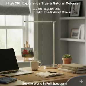 A visual comparison of high CRI LED lighting showing true, vibrant colours and a full spectrum of light versus low-quality bulbs.