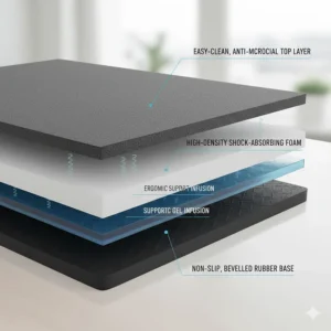 A cross-section diagram of high-density foam layers providing premium cushioning for long working hours.