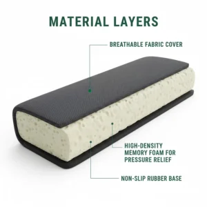 A detailed cross-section diagram showing the breathable fabric top cover, the high-density memory foam core, and the textured non-slip rubber base.