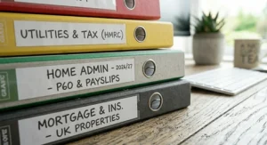 A stack of lever arch files in a home office setting, with labels for UK property mortgages, P60 payslips, and home admin.