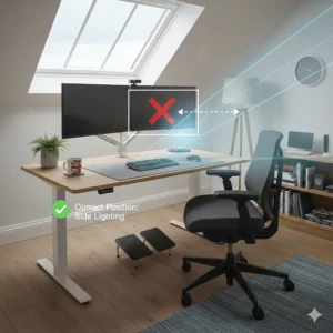 Proper home office desk placement perpendicular to a window to maximise natural light while avoiding screen glare.