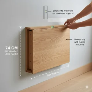 Technical illustration showing the installation of a wall-mounted desk at the standard UK desk height of 74cm with wall fixings.