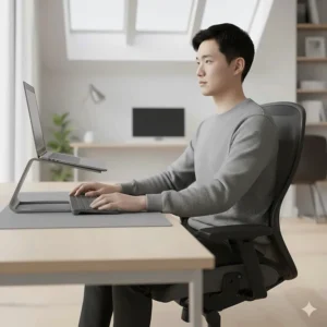 A laptop raised on a stand paired with an external keyboard and mouse to prevent slouching during remote work.