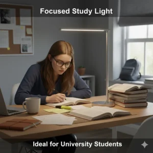 A British student using a focused LED study lamp to read textbooks and take notes, ideal for university halls or home study.