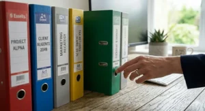 A person's hand using the metal finger pull hole to easily select a green lever arch file from a row of organised office binders.