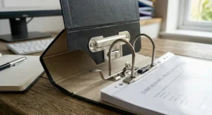 Detailed close-up of a high-quality metal lever arch file locking mechanism being used to secure documents in a professional folder.